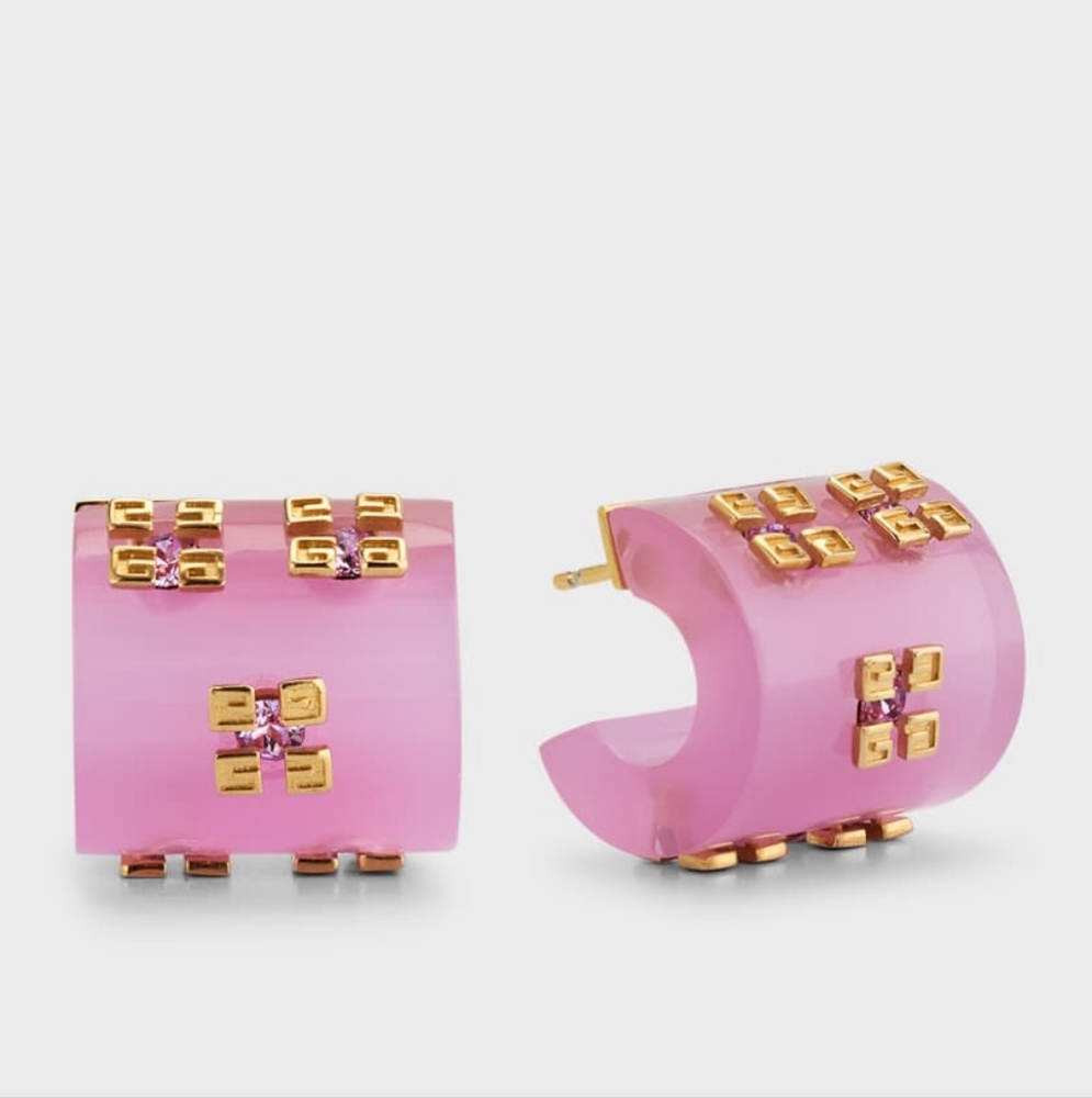 4G Plumetis Hoop Earrings with Crystals. Brass & pink resin